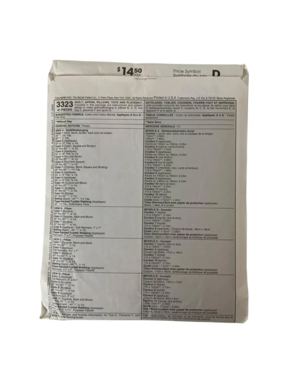McCalls Crafts 3323 American Tradition Quilt Apron Pillow Sewing Pattern 2001
